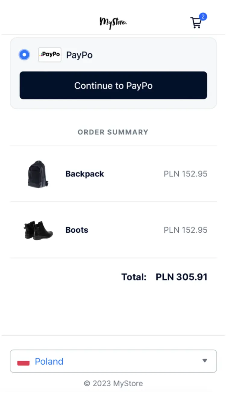 Checkout screen with PayPo payment option selected and order summary for a backpack and boots.