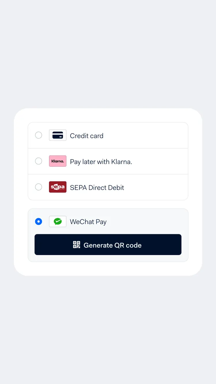 Selection screen for payment methods including credit card, Klarna, SEPA Direct Debit, and WeChat Pay with QR code generation.