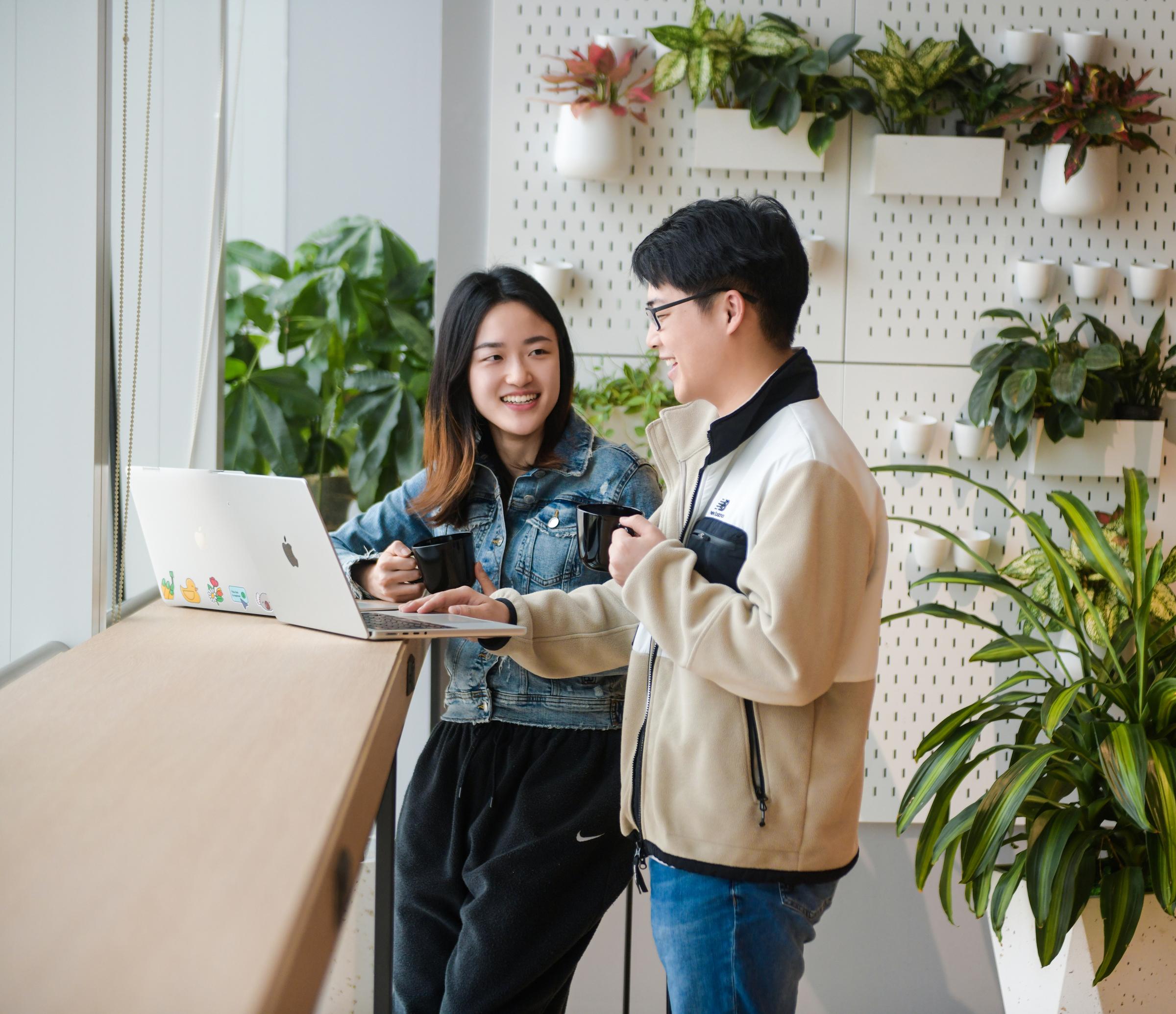 two colleagues standing and working together behind their laptops 