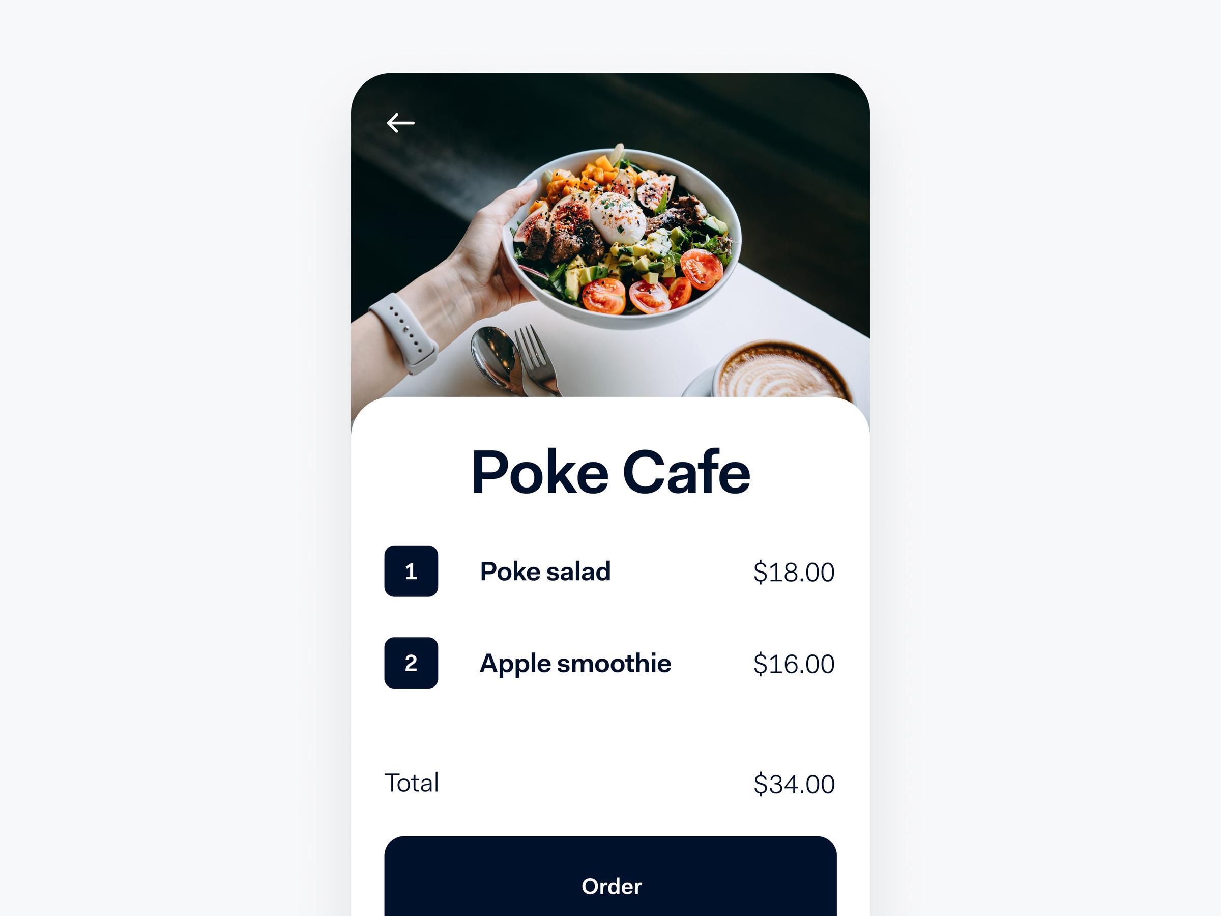 Digitální menu zobrazující možnosti Poke Cafe, včetně poke salátu a jablečné smoothie s cenami.