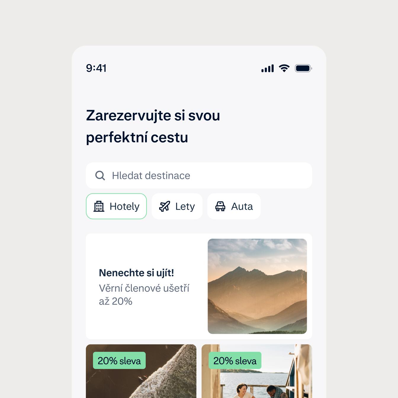 UI mobile screen about booking your perfect trip and getting a discount for loyalty members, for Index Hospitality