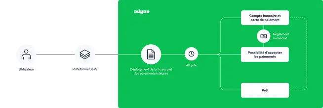 Diagramme de flux de processus d'intégration de paiement de la plateforme SaaS Adyen avec utilisateur, déploiement financier et options de paiement.