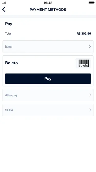 Mobile screen showing payment methods including iDeal, Boleto, Afterpay, and SEPA with a total amount displayed.