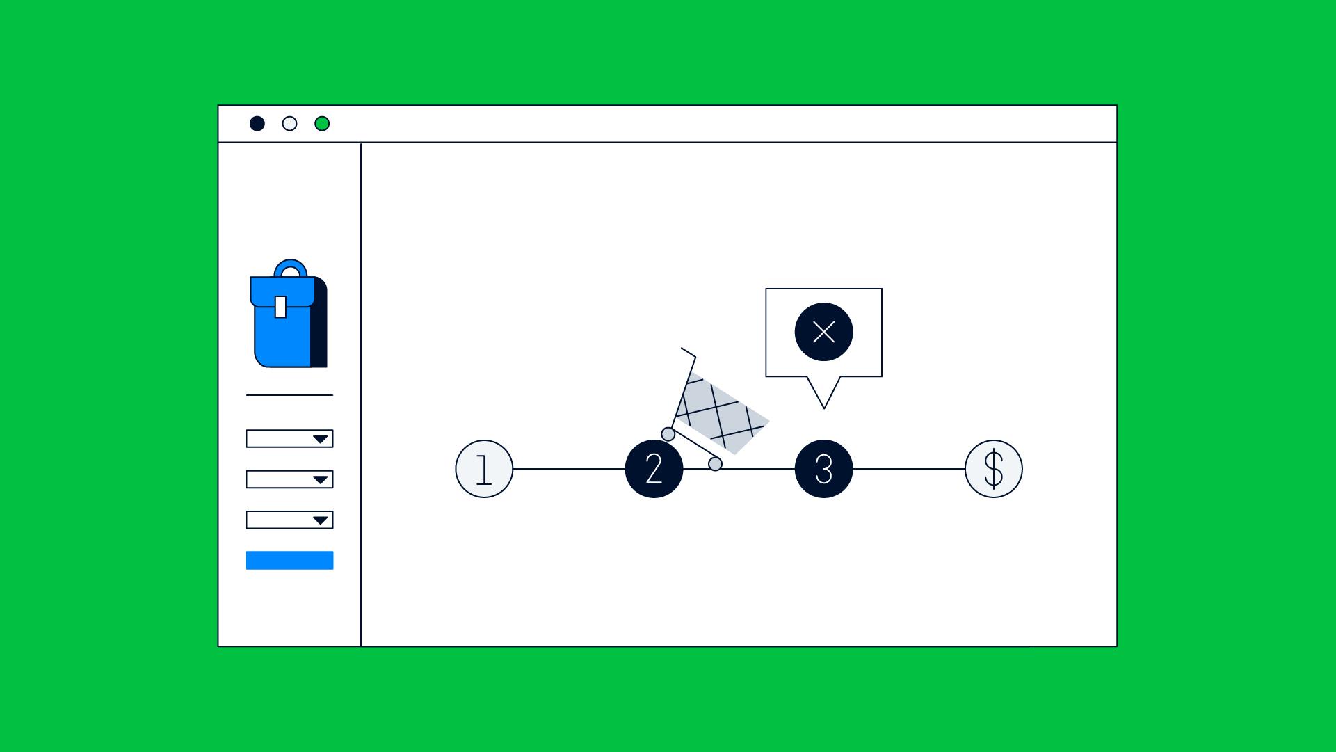 Secuencia de proceso de pago web estilizada con bolsa de compras, carrito, signo de error y símbolo de dólar.