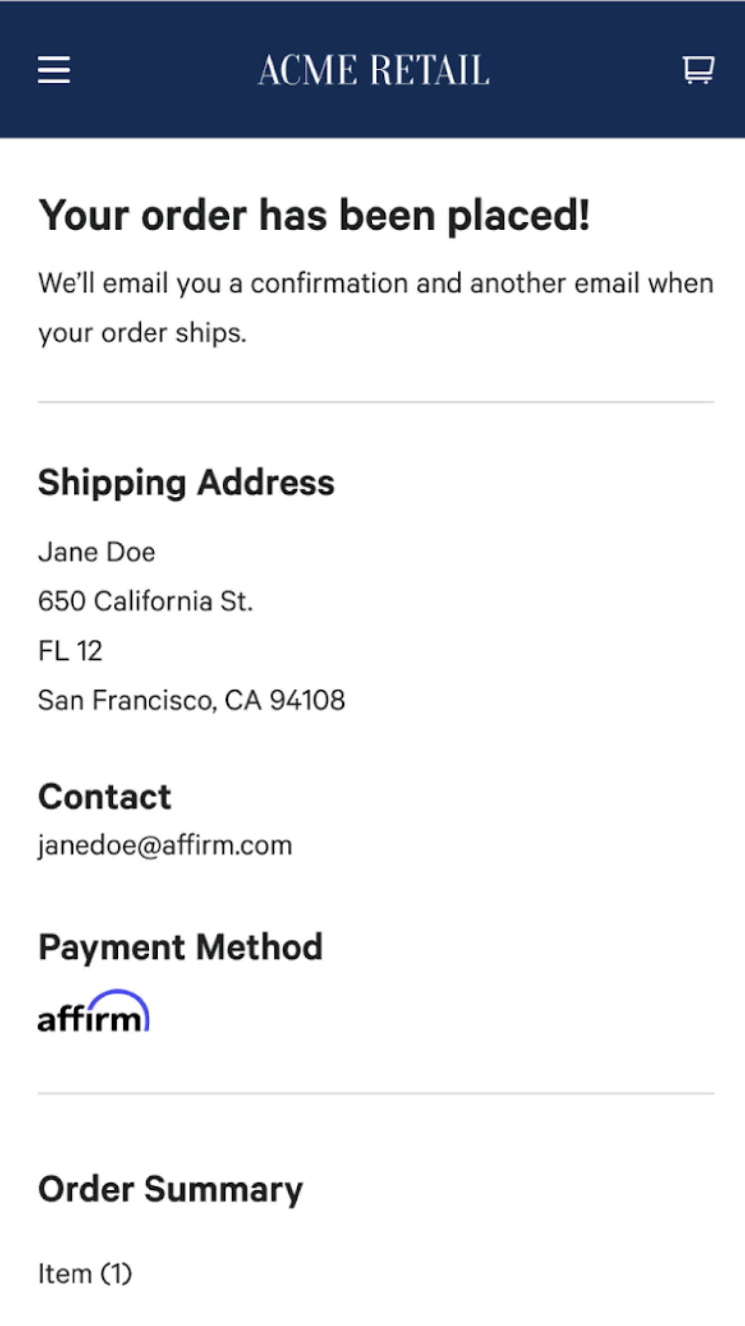Online shopping cart summary showing a floral dress, billing address, and Affirm payment option.