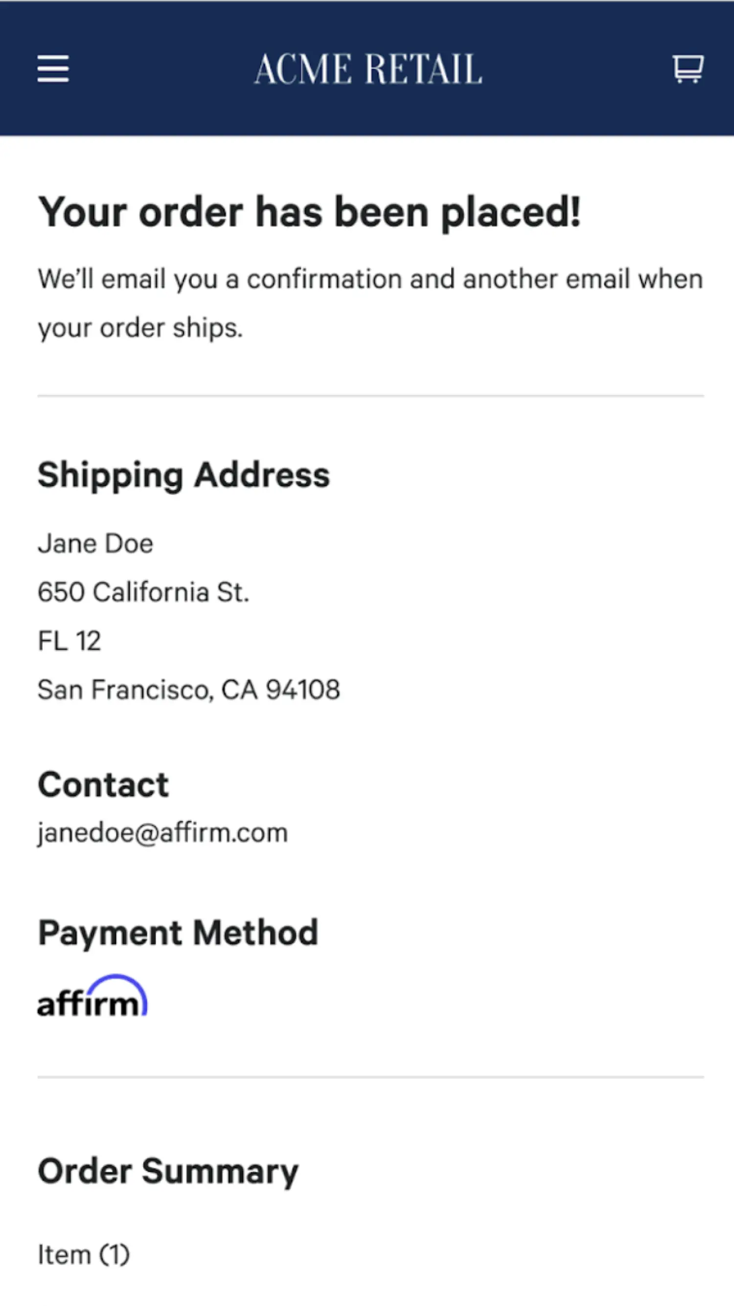 Online shopping cart summary showing a floral dress, billing address, and Affirm payment option.