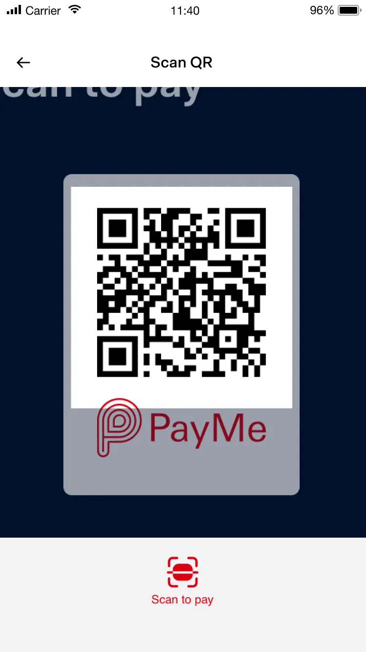 Mobile Bildschirm mit QR-Code für Zahlung mit PayMe-Service