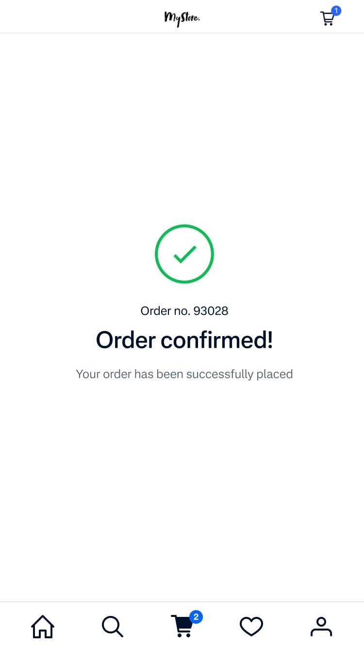Confirmation screen with a checkmark and text saying 'Thank you! Your order has been successfully placed.' with a 'Return home' button.