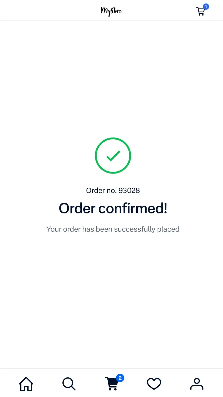 Écran de confirmation avec une coche et un texte disant 'Merci! Votre commande a été placée avec succès.' avec un bouton 'Retour à l'accueil'.