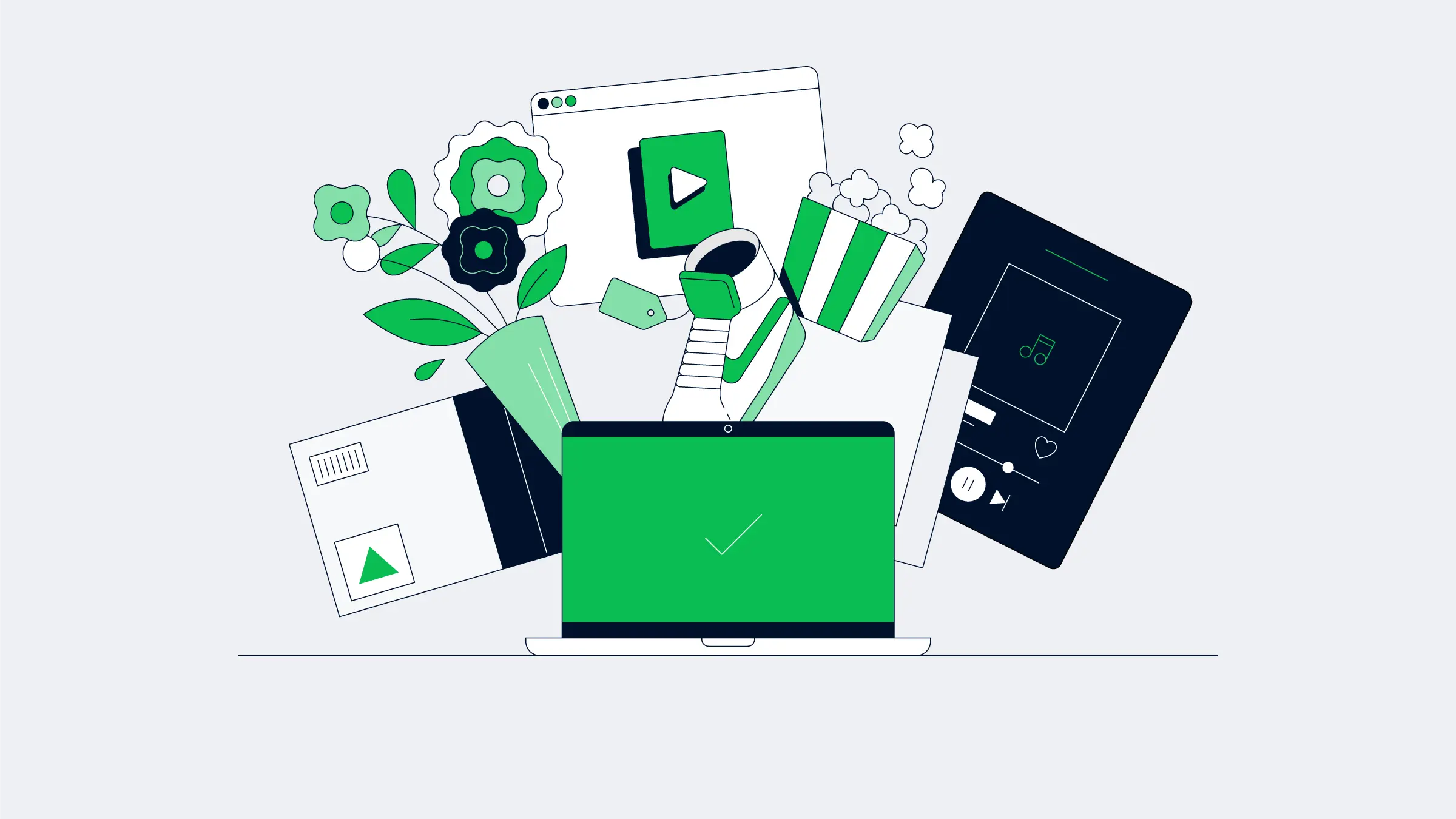 Périphériques numériques stylisés et icônes multimédia représentant les solutions de paiement en ligne d'Adyen.