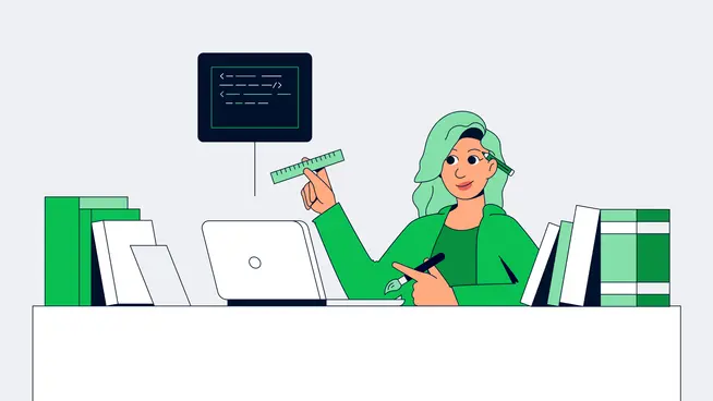 Illustration of a person teaching with code on the board and holding a ruler, with books and a laptop on the desk.