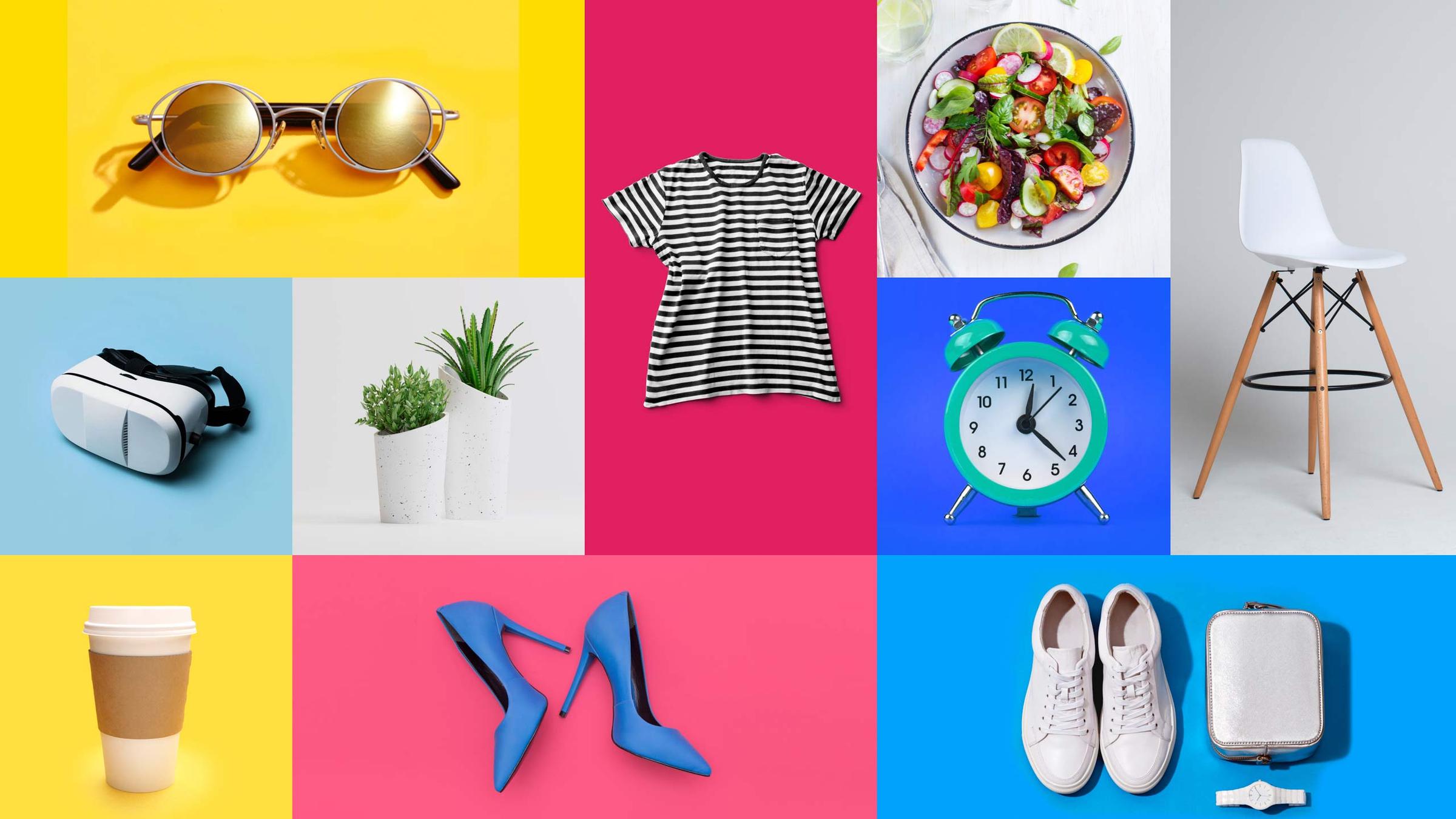 Collection of various items including sunglasses, t-shirt, salad, VR headset on different colored backgrounds.
