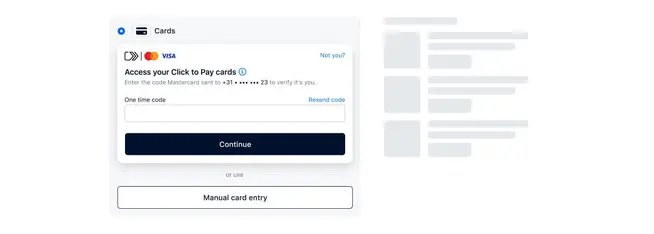 Adyen UI-scherm met een Click to Pay-kaartbetaling stap met Visa-verificatie