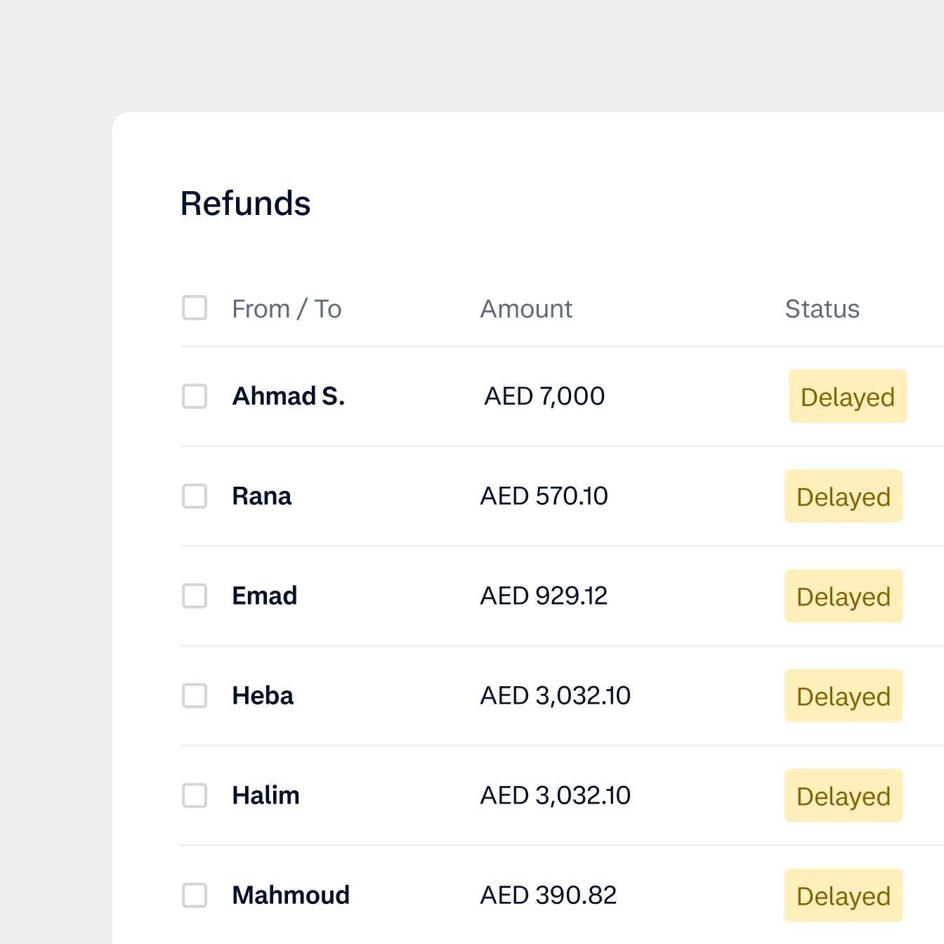 UI screen about refunds and delayed statuses for Index Hospitality
