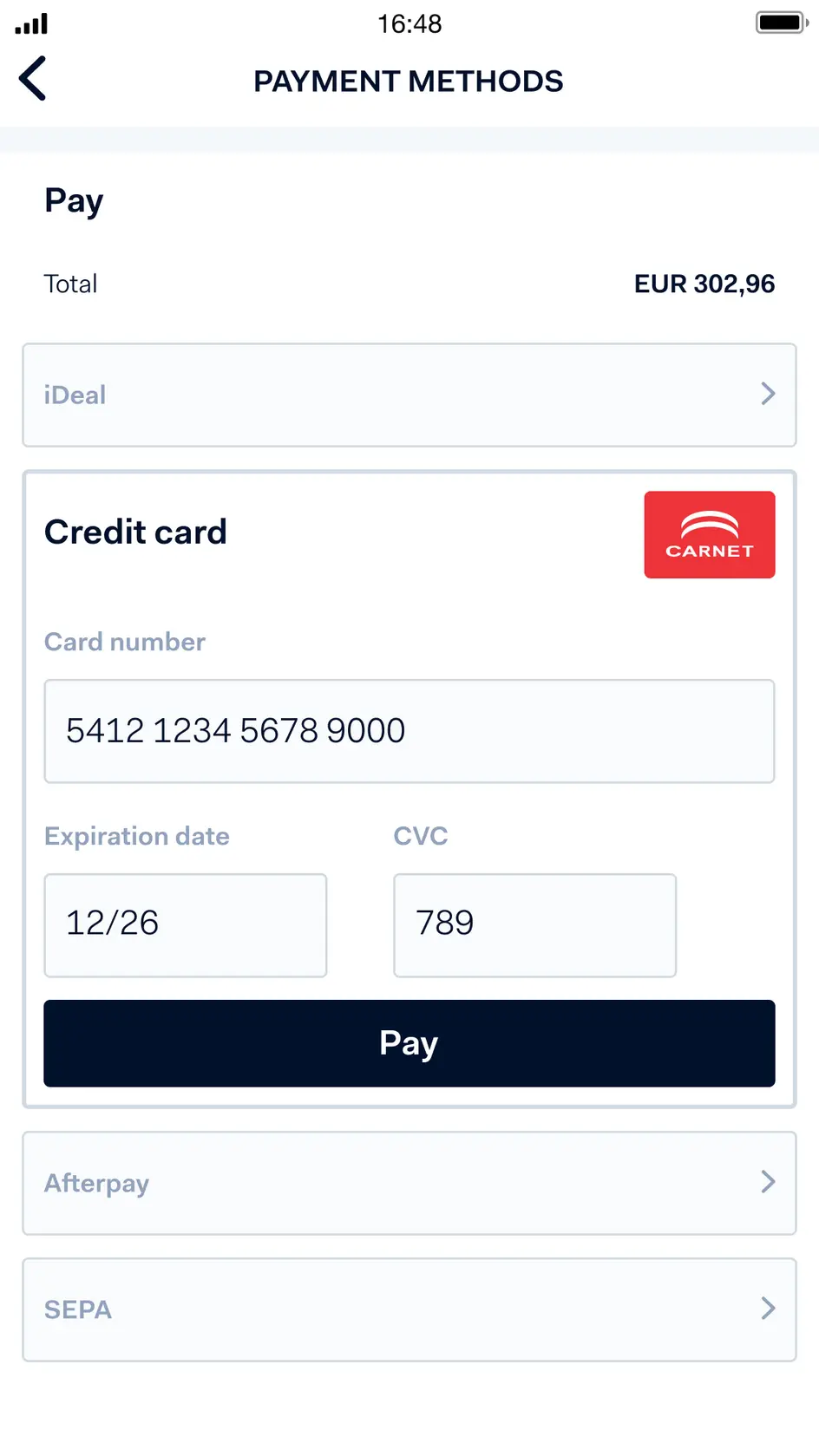Mobile interface showing payment methods including iDeal, credit card, Afterpay, and SEPA with credit card details entered.