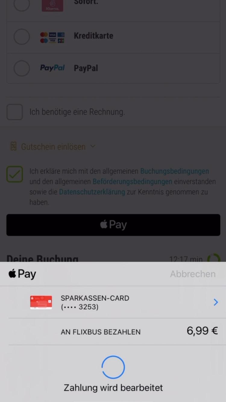 Mobile payment screen showing transaction in progress with various payment options including Apple Pay.