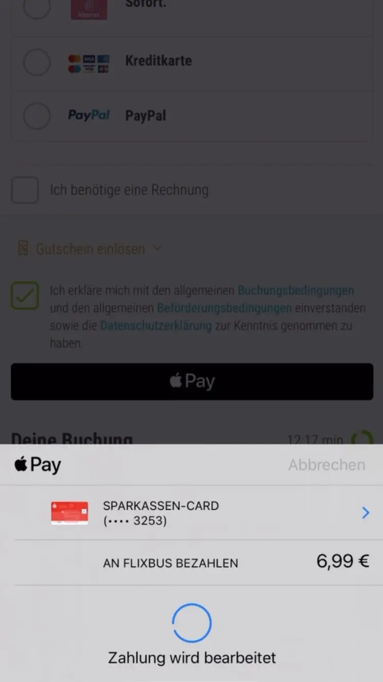 Mobile payment screen showing transaction in progress with various payment options including Apple Pay.