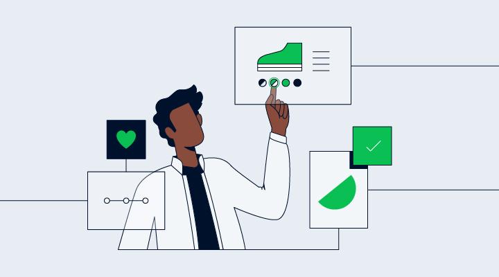 Ilustración de una persona presentando una característica del producto Adyen en una pantalla.