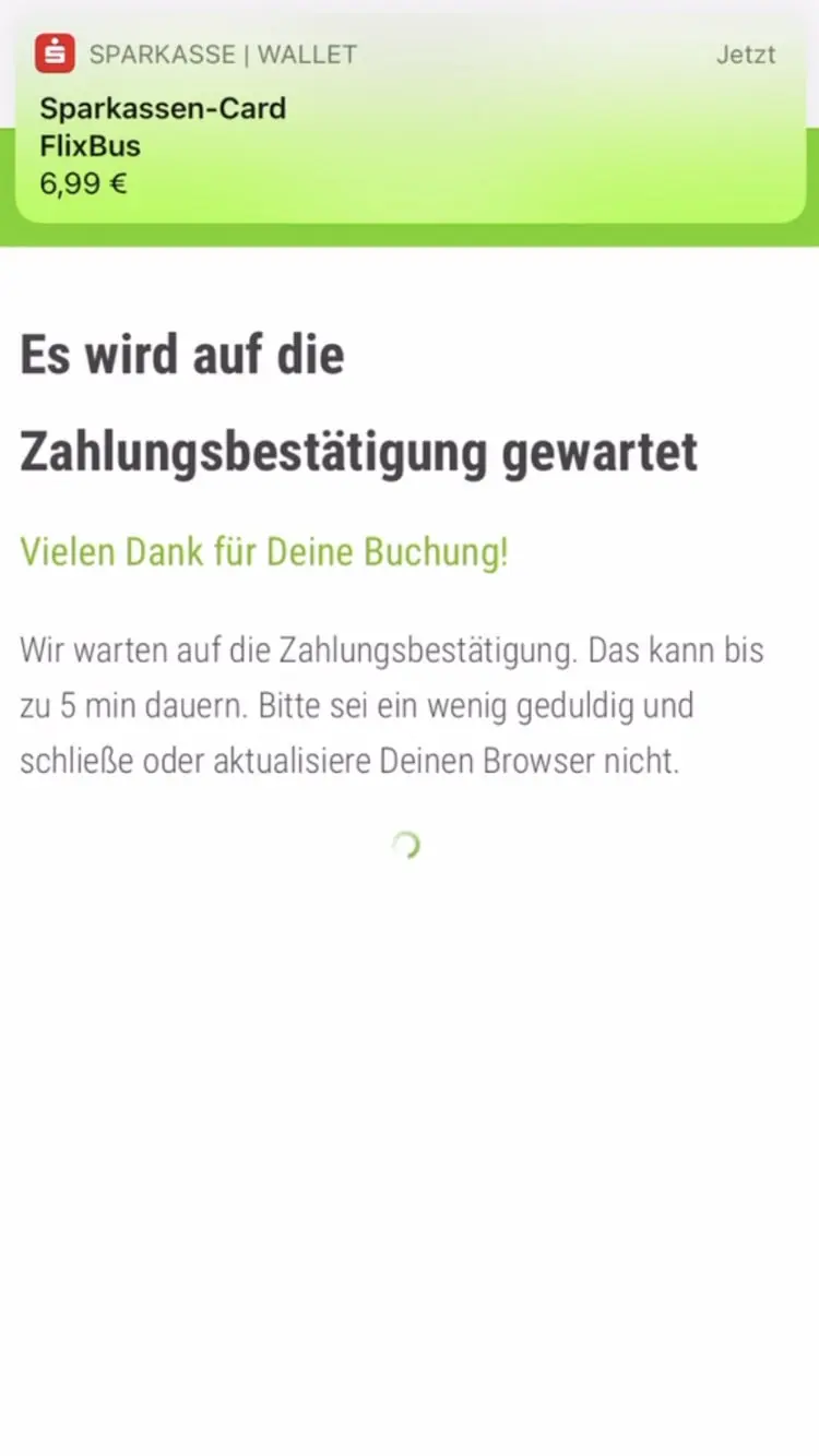 A payment confirmation screen showing a FlixBus ticket purchase with Sparkassen-Card for 6.99 euros.