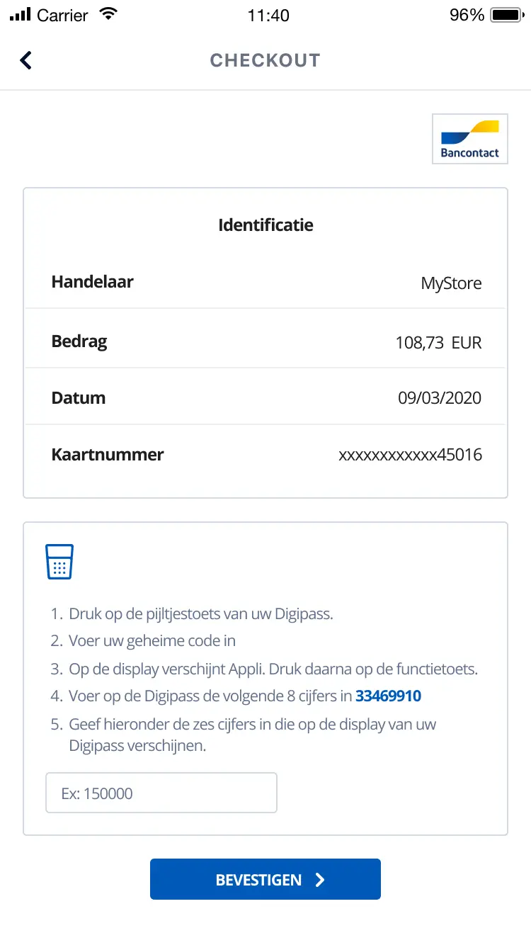 Zahlungsbildschirm mit Transaktionsdetails und Bancontact-Zahlungsverifizierung