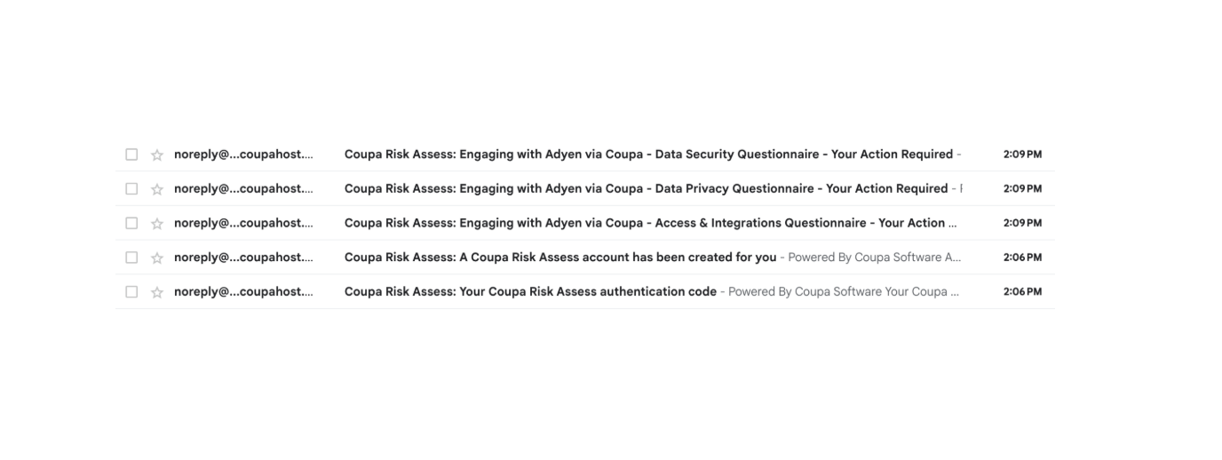 Coupa email list screen shot