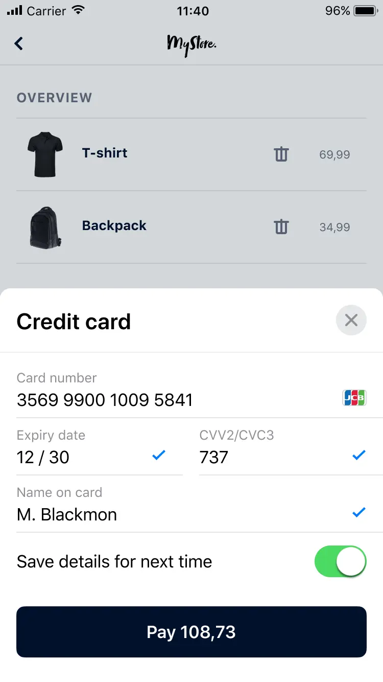 Mobile payment screen showing credit card information with a total price of 108,73 ready to pay.