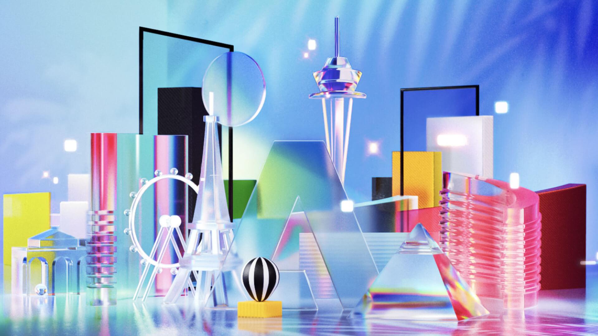 Formas coloridas abstratas e estruturas com acabamento brilhante, sugerindo design moderno ou futurista.