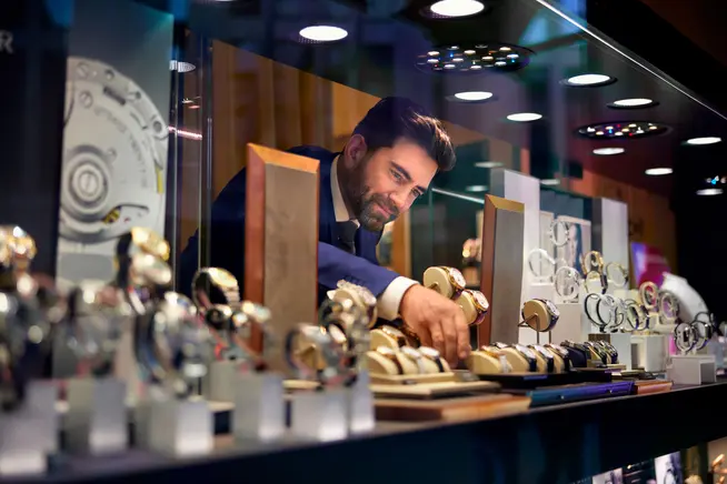 A jewelry store employee preparing a display before store opening