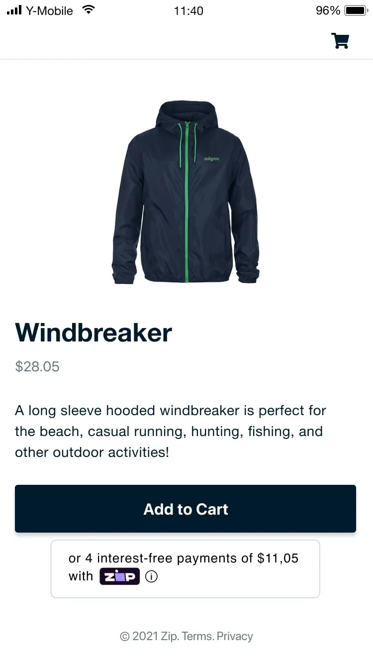 Navy blue hooded windbreaker with green zipper, displayed on a mobile shopping app.
