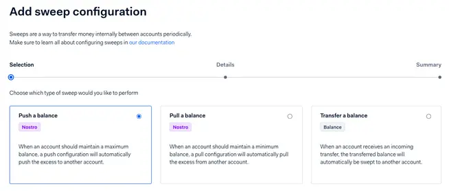 Interface showing 'Add sweep configuration' with options for 'Push a balance,' 'Pull a balance,' and 'Transfer a balance.'