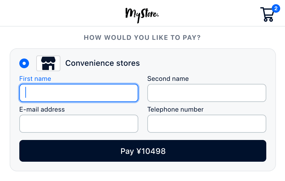 Checkout screen with convenience store payment option selected and customer details form.
