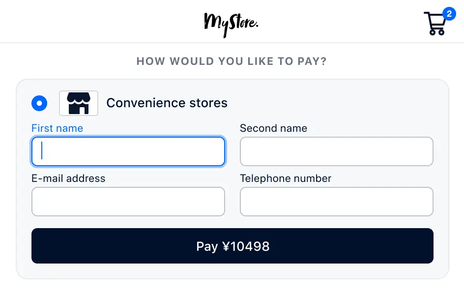 Checkout screen with convenience store payment option selected and customer details form.