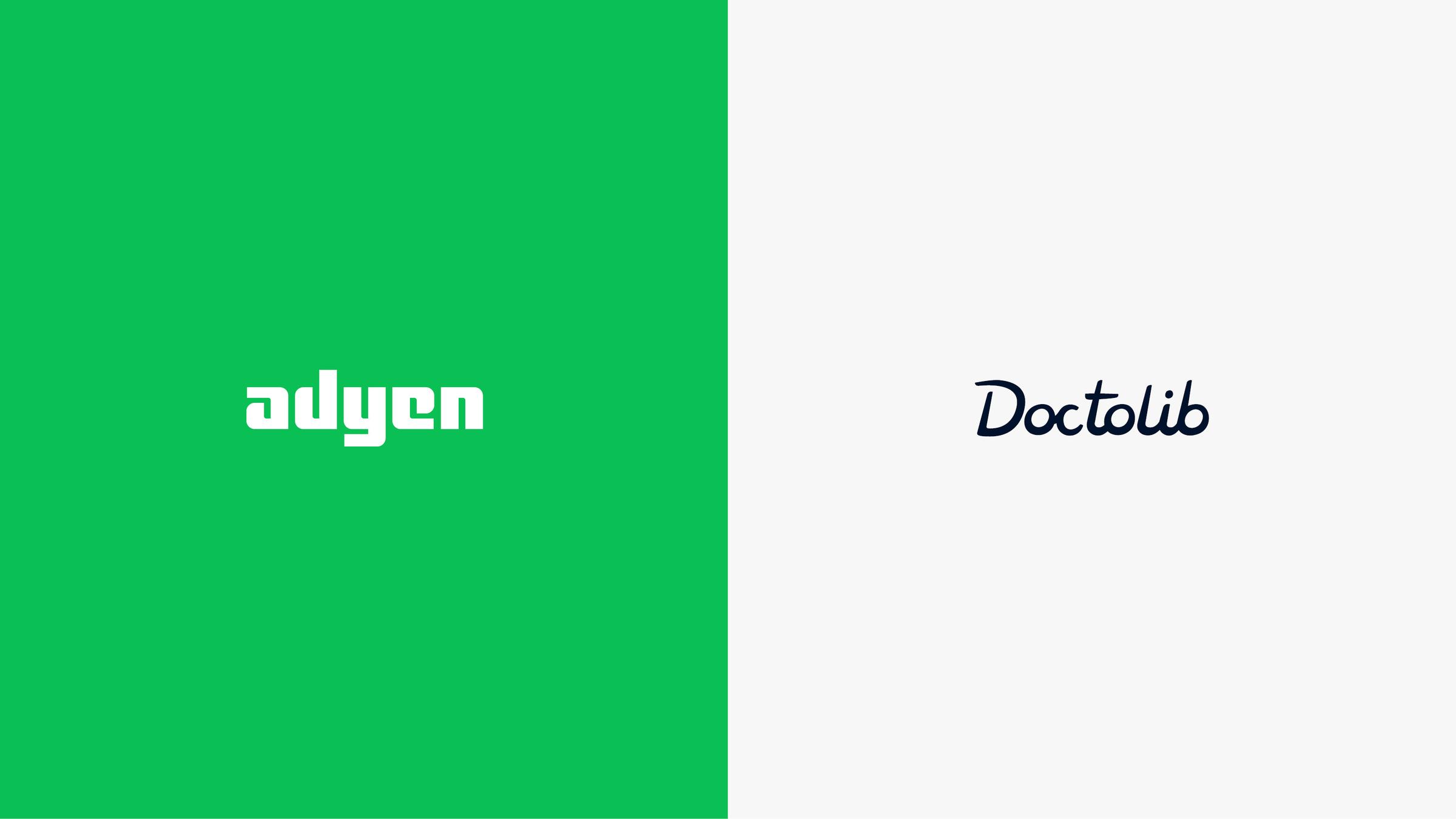 Adyen and Doctolib logos side by side on a split background.