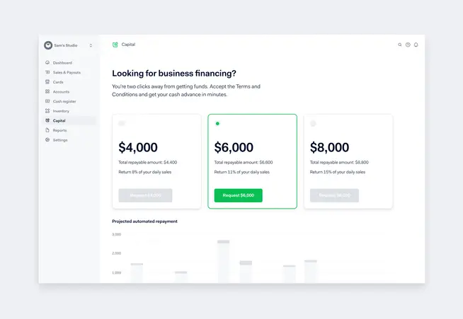Interfaz de dashboard que muestra opciones de financiamiento empresarial y gráfico de reembolso automático proyectado.
