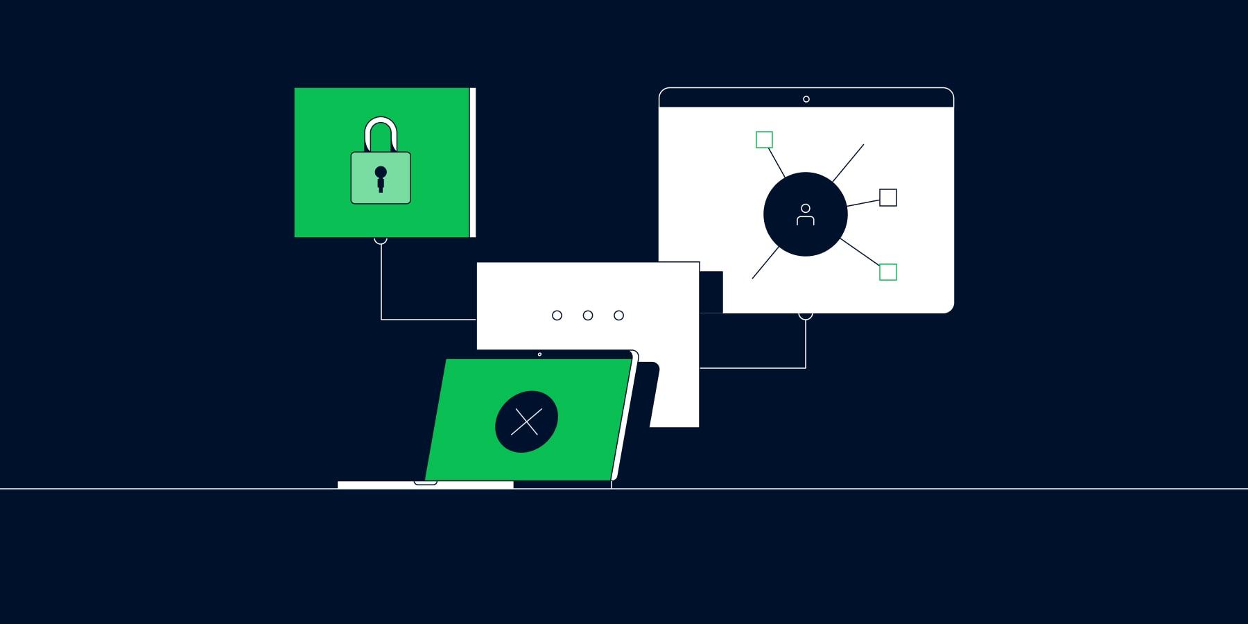 Illustration depicting various digital devices connected to represent Adyen's secure payment ecosystem.