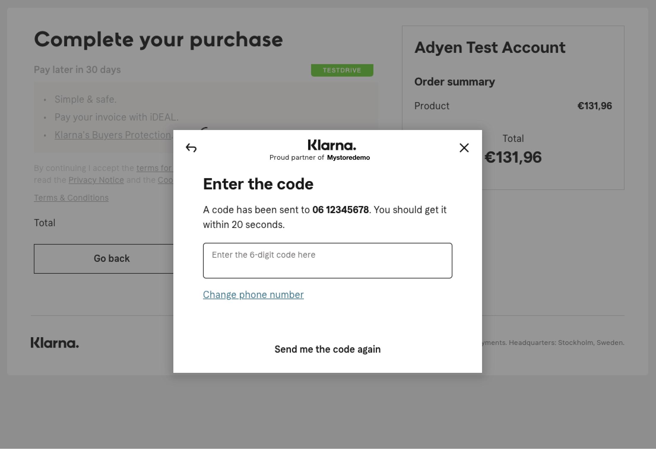 Screenshot of the Adyen payment interface with 2FA code entry prompt for completing purchase.