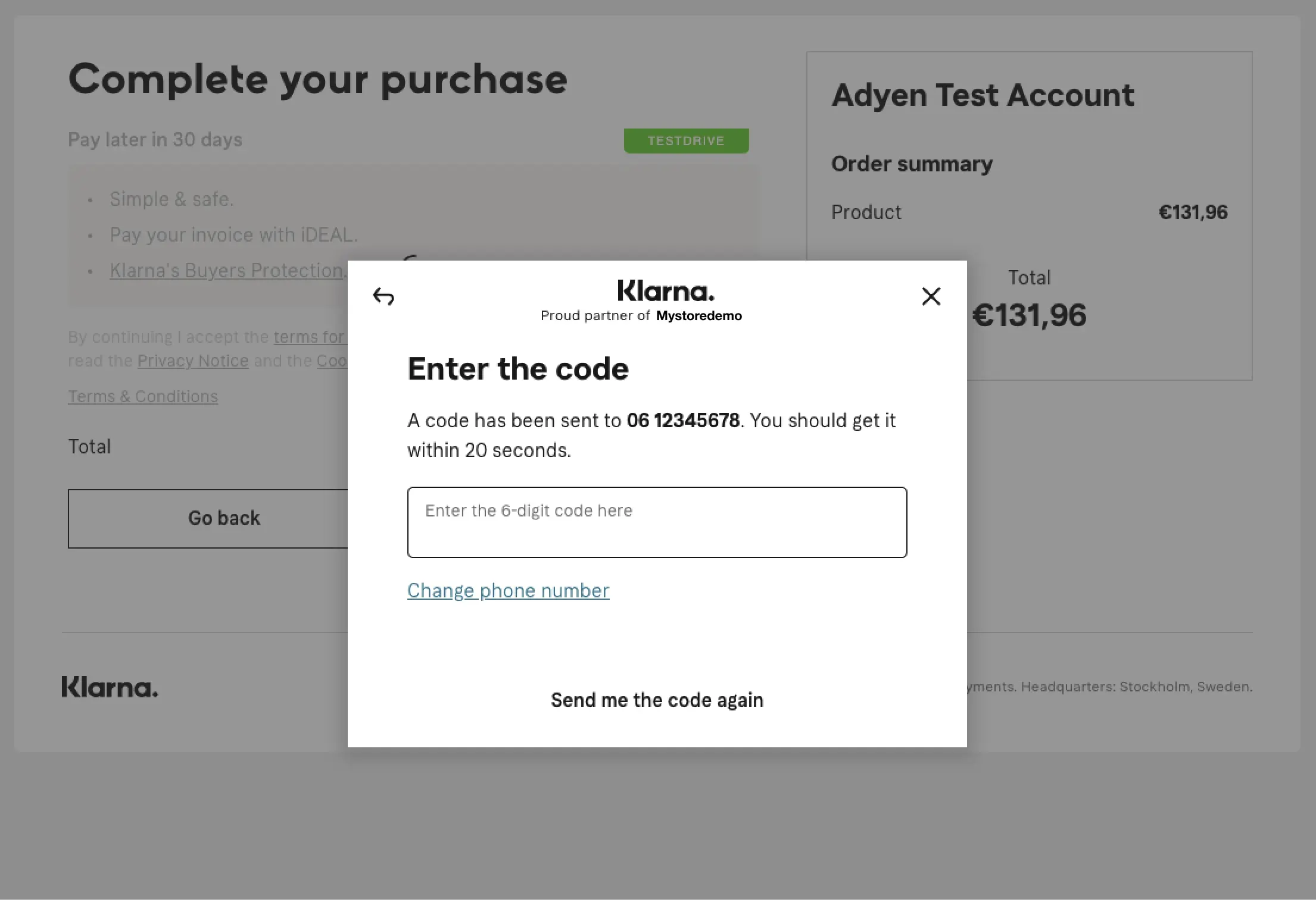 Screenshot of the Adyen payment interface with 2FA code entry prompt for completing purchase.