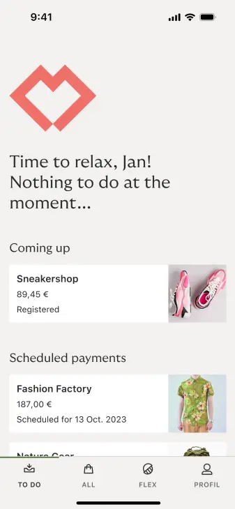 Mobile screen showing Adyen's payment app interface with upcoming payments and a personalized message.