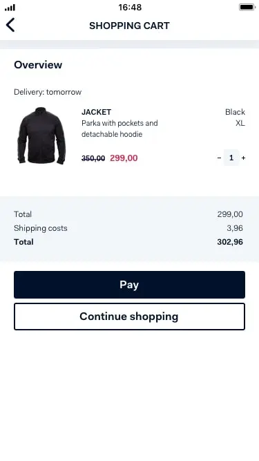 Mobile shopping cart screen showing a jacket for purchase with price details and a Pay button.