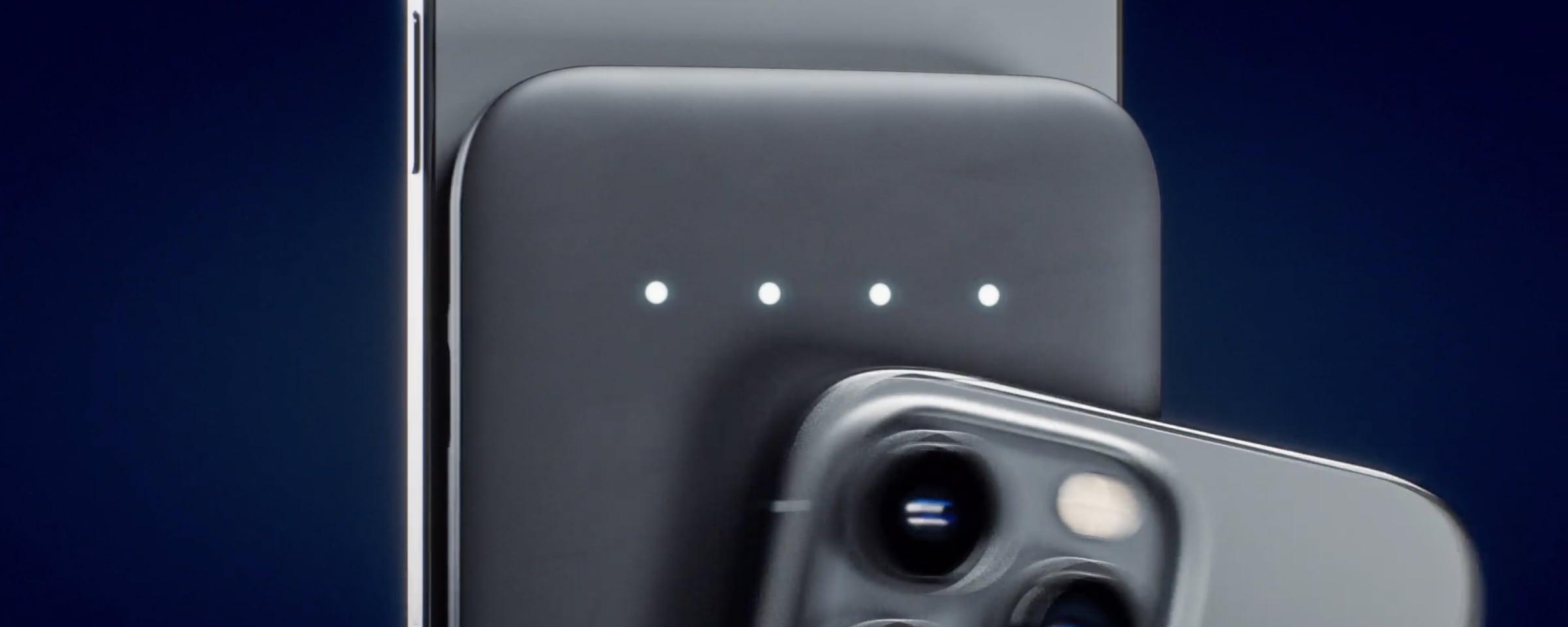 Close-up of a smartphone camera and edge showing battery charging indicator lights