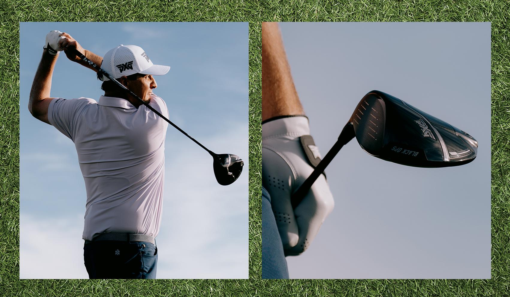 Golfer preparing to hit a shot with a golf club, outdoor setting.