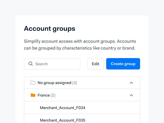 Screenshot of Adyen's Account groups user interface with options to create, edit, and search groups.