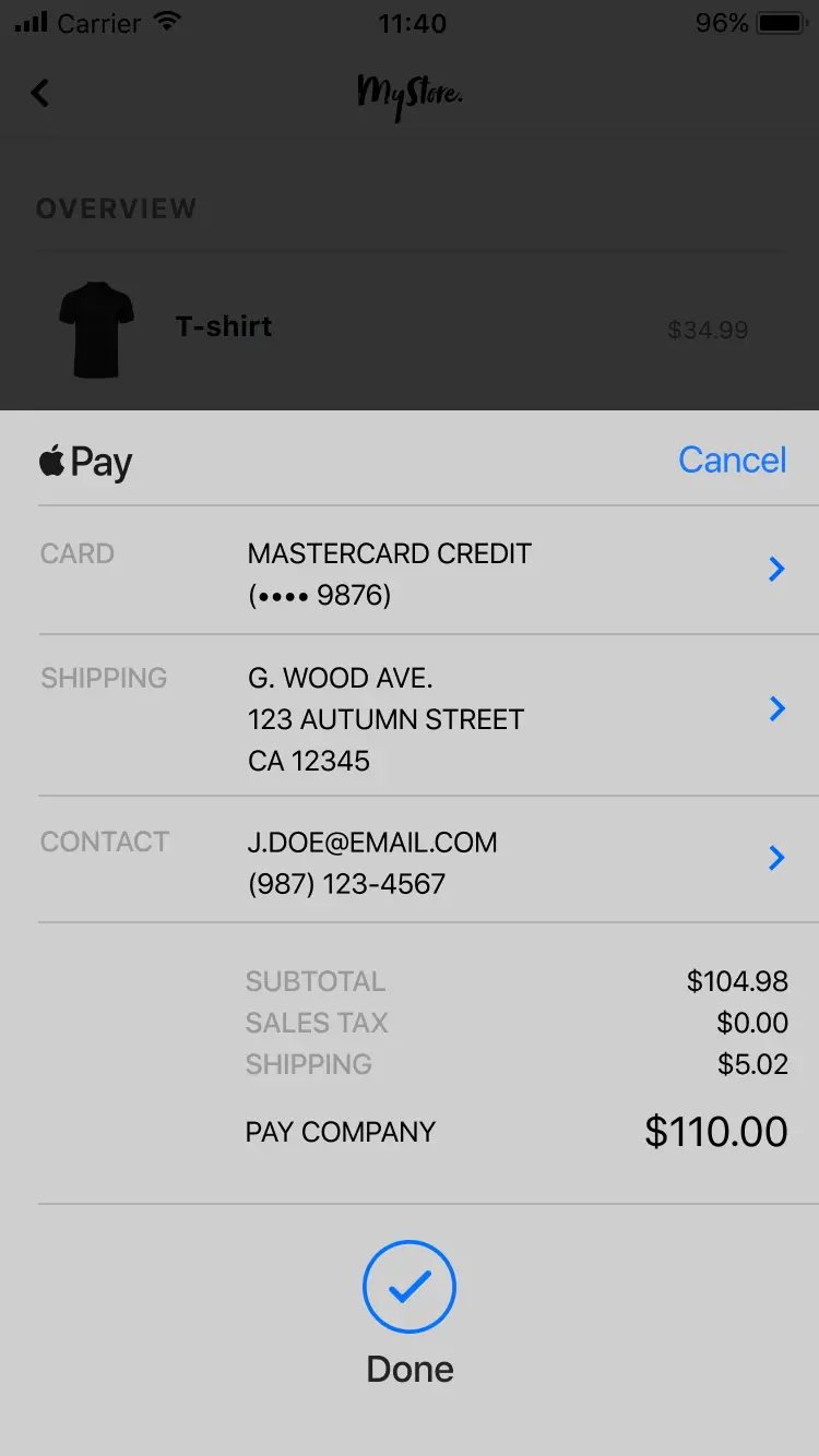 Mobile payment screen showing a T-shirt purchase with Mastercard and shipping details.
