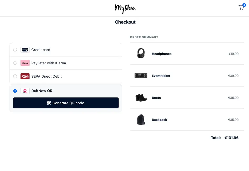 Online checkout screen showing payment options including credit card, Klarna, and SEPA Direct Debit with a 'Generate QR code' button.