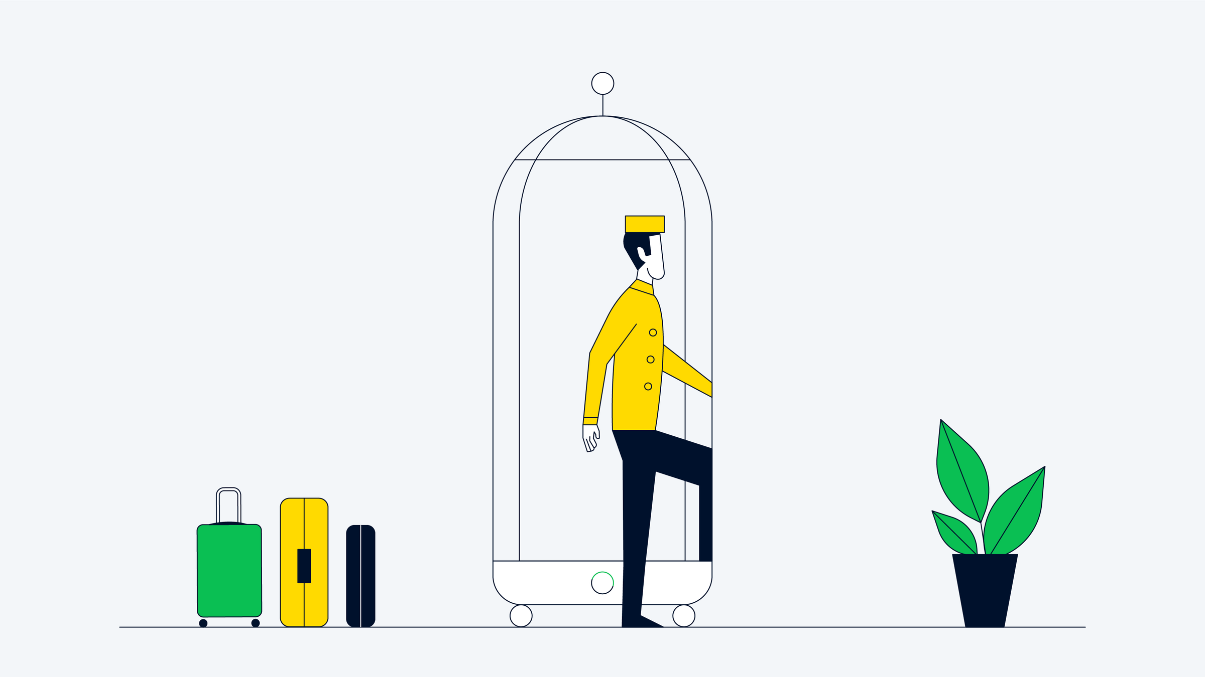 Stylized illustration of a bellhop with luggage and a plant, representing service or hospitality.