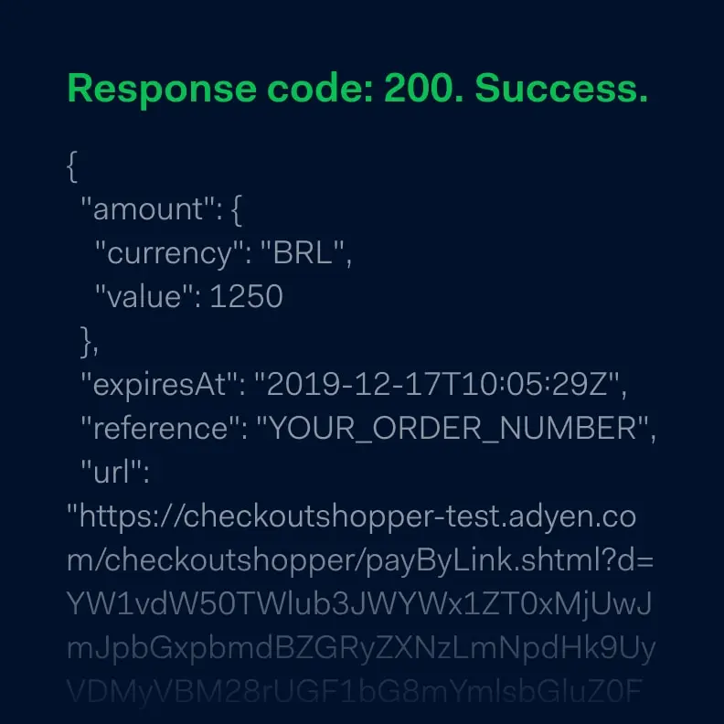 Screenshot of a mockup API response showing a successful Adyen payment process.
