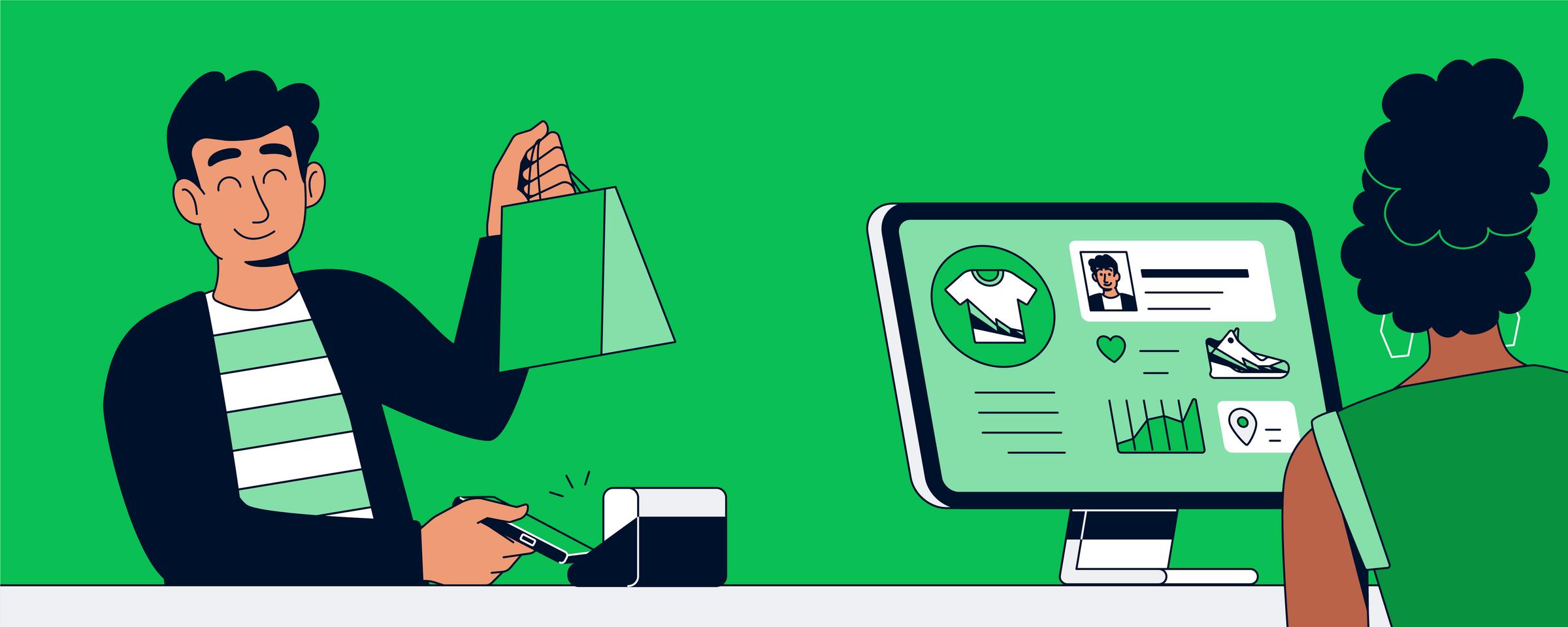 Homem fazendo compras com telefone e carteira digital, mulher navegando em loja online na tela do computador