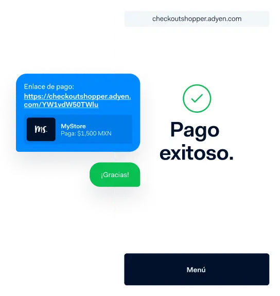 Pantalla de confirmación de pago de Adyen que muestra la transacción exitosa con enlace al sitio web y monto pagado