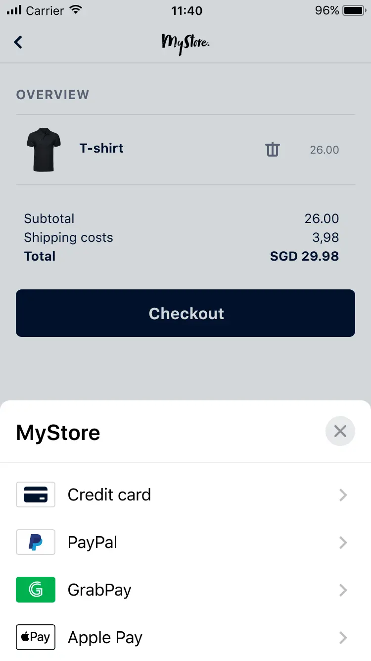 Mobile checkout screen with a T-shirt item, subtotal, shipping, total cost in SGD, and payment options including credit card and digital wallets.