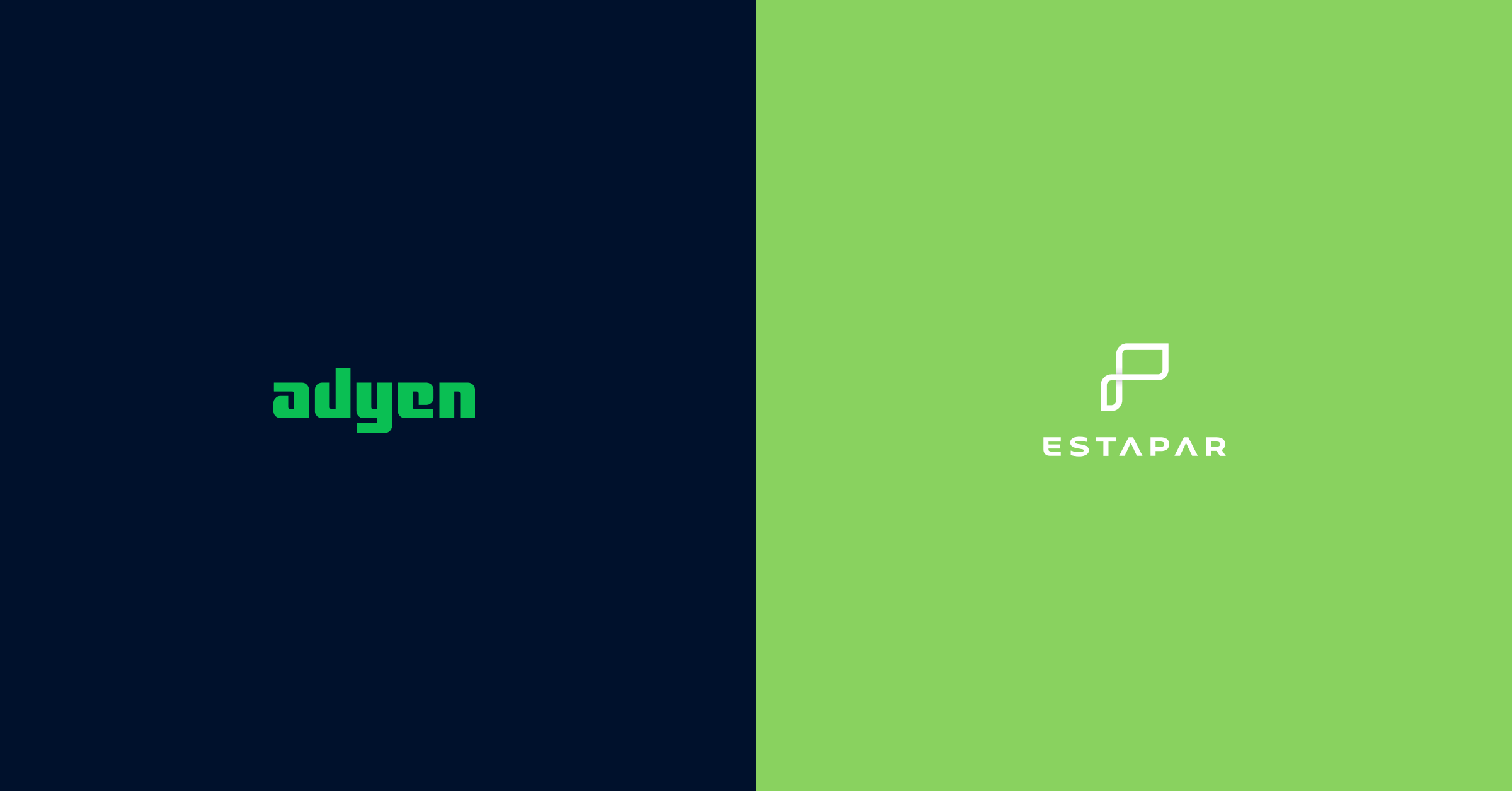 Logotipos Adyen e Estapar em fundo dividido